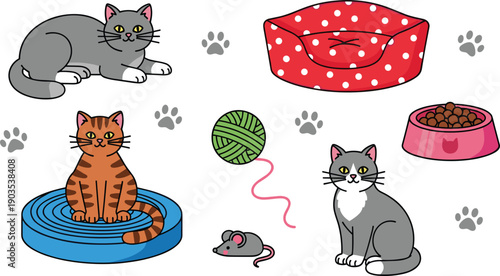 Cute cartoon cats and kittens collection with red polka dot pet bed, pink food bowl, yarn ball, and toy mouse illustration