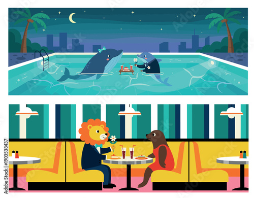 Flat vector illustration of romantic dates: Dolphins in a pool and Lion with Seal dining