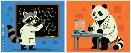 Flat vector illustration of funny raccoon and panda scientists working in a chemistry laboratory