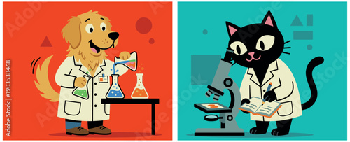 Flat vector illustration of dog and cat scientists working with chemicals and microscope