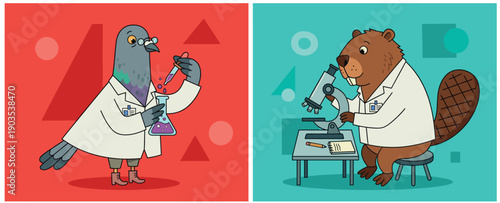 Flat vector illustration of bird and animal scientists: Pigeon with dropper and Beaver with microscope
