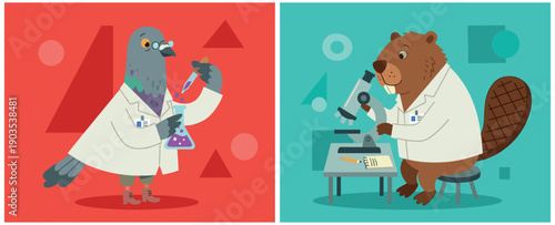Flat vector illustration of pigeon and beaver scientists doing microbiological research