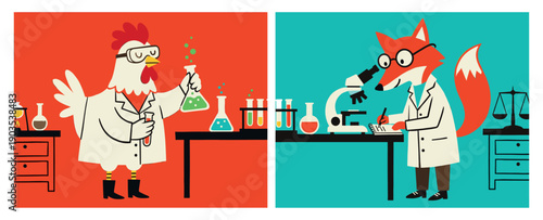 Flat vector illustration of chicken and fox scientists working in a chemistry lab