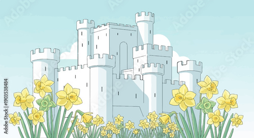 Whimsical castle with yellow daffodils blooming in spring