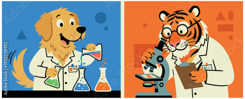 Flat vector illustration of dog and tiger scientists conducting research with microscope