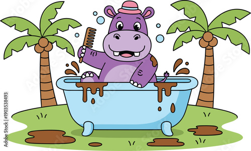 Cute cartoon hippo character taking a muddy bath in a blue bathtub with a comb and palm trees on a tropical island