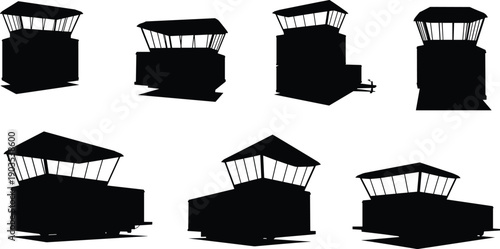 Black silhouette collection of airport air traffic control towers and observation buildings isolated on white background for aviation industry transport and travel design