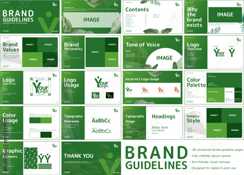 Eco brand guidelines template for green branding, logo system, typography and identity. for business use in corporate branding, visual identity systems and professional design projects for companies