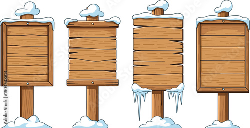 Set of four empty wooden sign boards with snow caps and icicles isolated on white background for winter holiday seasonal messaging