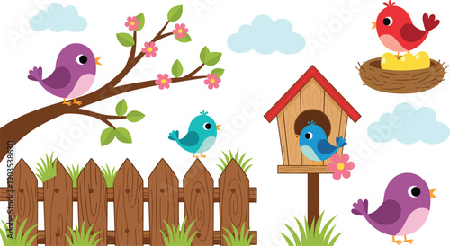 Cute spring garden collection with colorful birds, wooden birdhouse, blooming tree branch, garden fence, and bird nest under blue clouds illustration.