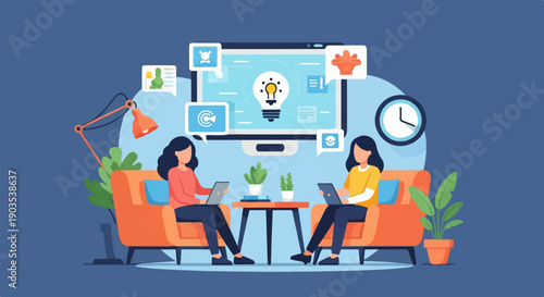 Two women collaborate on laptops in a cozy room with a large monitor