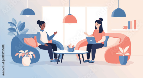 Two women collaborating on a laptop in a modern living room setting