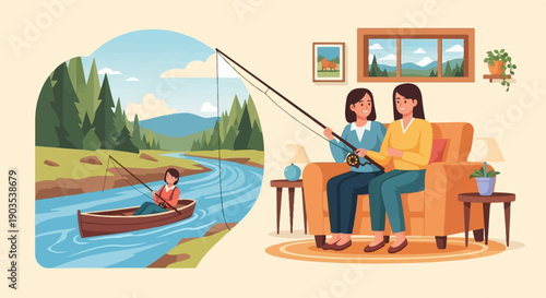 Two women in a cozy living room simulate fishing while a girl fishes in a natural setting