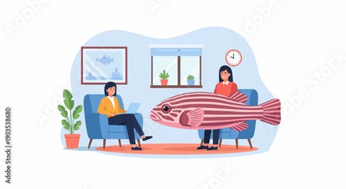 Two women in a living room, one with a laptop and another with a large fish