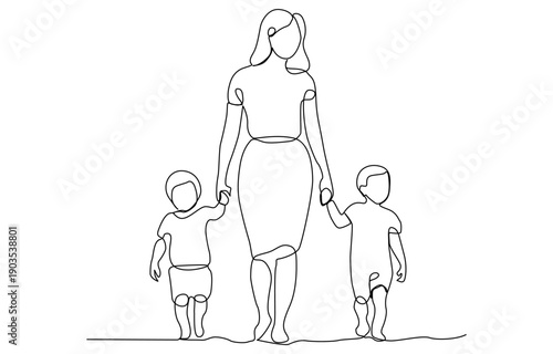 Happy Mother day card. Continuous one line drawing Continuous Single Line Drawing of Mom Walking with Child. Happy Mother`s Day Card with Hand Drawn Contour Silhouette Outline Style