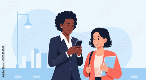 Two women in professional attire on a city street with a lamppost and buildings