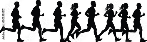 Running silhouettes, athletes, fitness, jogging, sports, male, female, stride, motion, exercise, activity