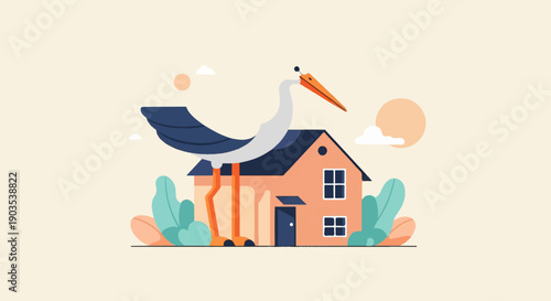 Whimsical bird with long legs stands over a peach-colored house