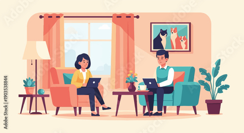 Two people work on laptops in a living room with modern furniture