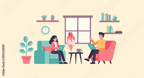 Two people work on laptops in a living room with ice cream