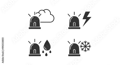 Black Flat Glyph Weather Alert Icons Set Featuring Siren with Cloud Lightning Rain and Snowflake Symbols.