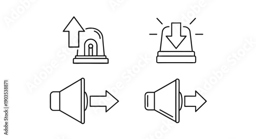 Black outline icons upwarddownward siren beacons rightward megaphones representing alerts and sound direction.
