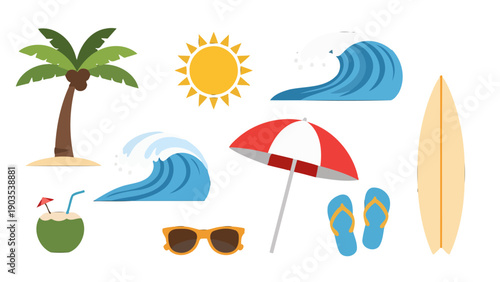Bright Flat Design Summer Beach Vacation Elements Palm Tree Sun Waves Umbrella Surfboard FlipFlops Coconut Drink.