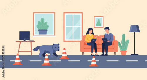 Two people work on laptops near a dog and traffic cones on a road
