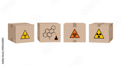 Brown cardboard shipping boxes displaying biohazard chemical structure and radiation warning symbols.