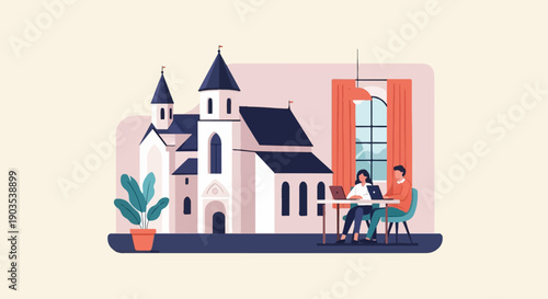 Two people work on laptops inside a room with a view of a church and window