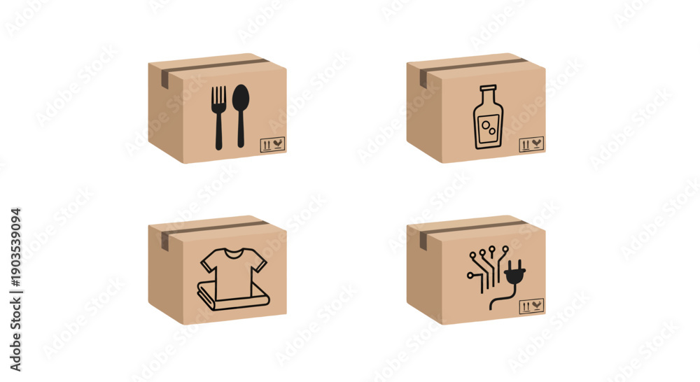 Fototapeta premium Four brown cardboard shipping boxes with various content icons for moving or delivery.