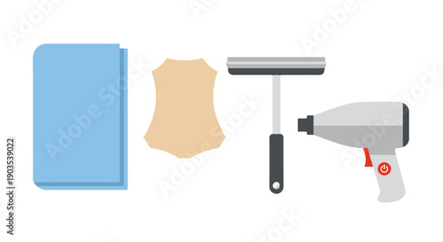 Flat design car detailing tools blue microfiber cloth chamois leather squeegee heat gun.