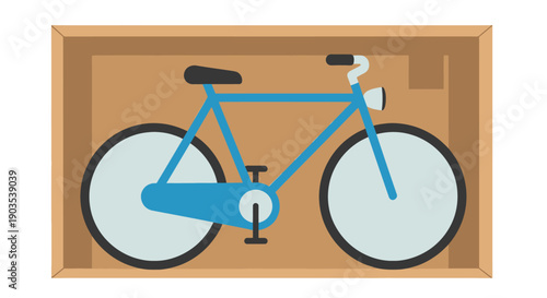 Flat design illustration of a light blue bicycle with black seat and white wheels neatly packed in a brown cardboard box.
