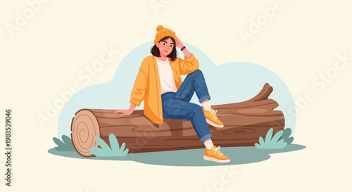Young person in yellow jacket and beanie sits on log in nature