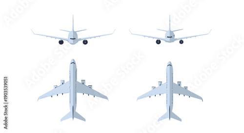 Flat design light blue passenger airplanes two front views with landing gear two top views showing windows and engines.
