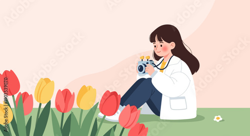 Young person in lab coat taking photo of tulips in field