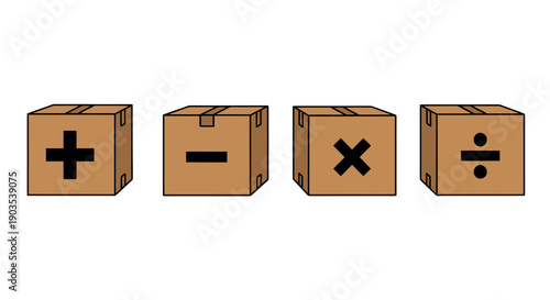 Four brown cardboard boxes with black arithmetic symbols plus minus multiply divide vector illustration.