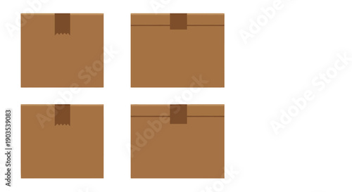 Four Brown Cardboard Box Tops with Tape Two Jagged Two Straight Flat Vector Illustration.