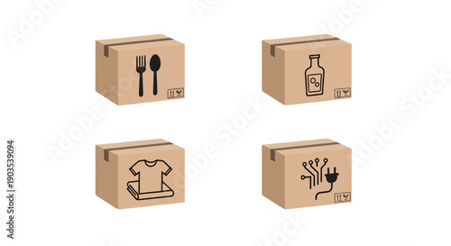 Four brown cardboard shipping boxes with various content icons for moving or delivery.