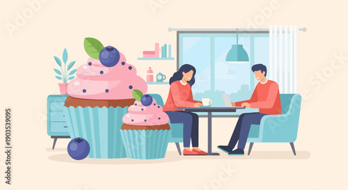 Two people work on laptops in a cozy room with giant cupcakes and plants