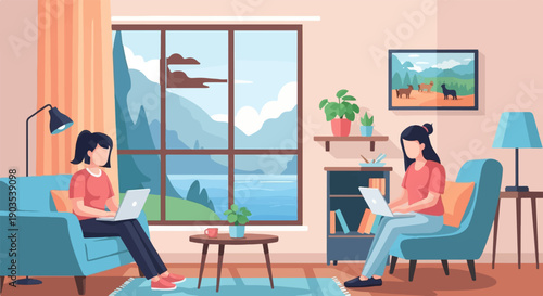 Two people work on laptops in a cozy room with a scenic view