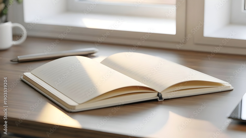 Fototapeta premium Open white notebook on wooden desk in soft morning sunlight