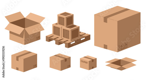 Isometric brown cardboard boxes open and sealed with wooden crates stacked on a pallet for shipping and logistics.