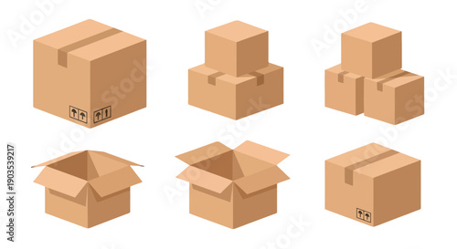 Isometric cardboard boxes collection closed open and stacked brown delivery packages with shipping symbols.