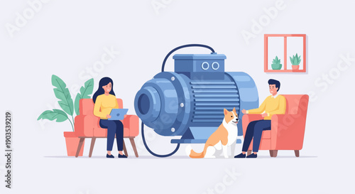 Two people and a dog in a room with a large blue machine