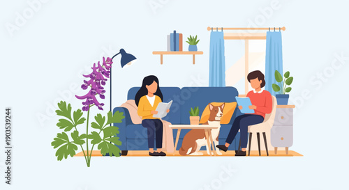 Two people and a dog relax indoors with books and flowers