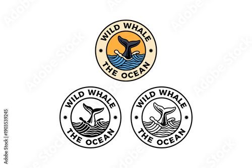 Whale tail emerging from ocean retro badge logo design set for marine. Ocean whale fin vintage patch symbol graphic pack for wildlife. Wild whale with sea waves rustic emblem element for coastal