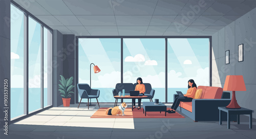 Two people and a dog relax in a modern living room with ocean view