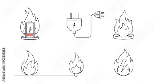 Minimalist line art icons depicting fire electricity and energy concepts Simple vector outlines of flames battery and power plugs.