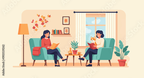 Two people and a dog relax in armchairs reading books in a cozy room